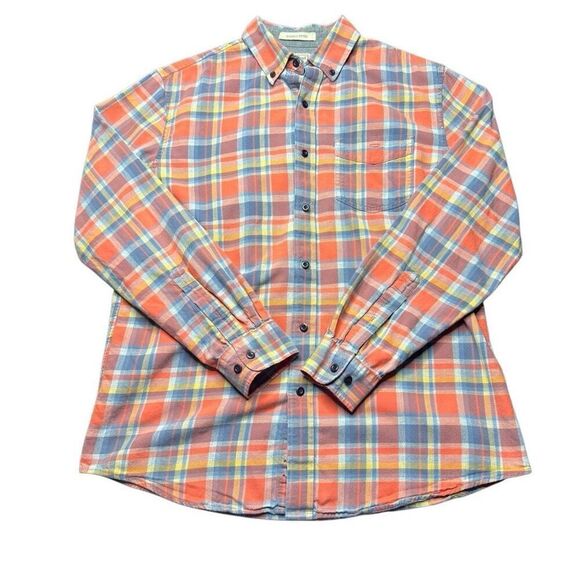 L.L. Bean Slightly Fitted Plaid Button Up Shirt Mens M Orange Blue Outdoors - Picture 1 of 8